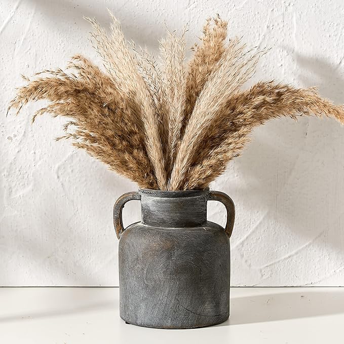 Antique Ceramic Vase with 2 Handles, 6.1 Inch Farmhouse Rustic Flower Vase, Small Vintage Terracotta Vases for Home Decor, Wedding, Living Room, Table, Shelf Decor, Black Bronze