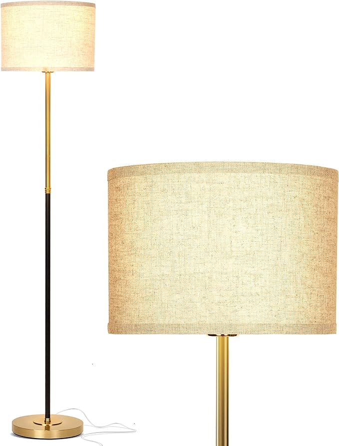 Brightech Emery LED Floor Lamp, Mid-Century Standing Lamp for Bedroom Reading, Modern Lamp for Living Rooms & Offices, Great Living Room Décor, Tall Lamp With Drum Shade & Brass Finish