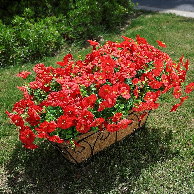 HyeFlora Artificial Flowers for Outdoors Fake Plants Outside Decoration, 12 Bundles Silk Red Morning Glory UV Resistant Look Real Faux Flowers for Planter Front Door Porch Patio Yard Gardens Balcony