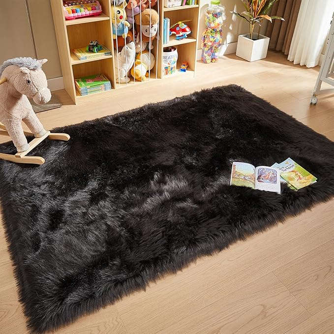 AMTOVO Faux Fur Sheepskin Rug for Living Room, 4 x 6 ft Black Fluffy Area Rug for Bedroom, Playroom, Luxury Room Decor, Rectangle