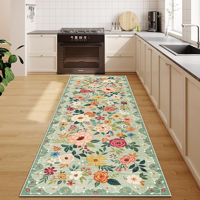DUKINO 2x6 Kitchen Runner Rug for Hallway, Washable Runner Rug with Non Slip Backing, Low Pile Soft Boho Spring Floral Carpet for Kitchen, Hallway, Entryway, Laundry, Bedroom, Green