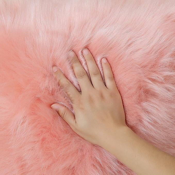 Faux Fur Rug Sheepskin Shag Fluffy Fuzzy Pink 3x3 ft Rugs for Bedroom Bedside Bed Floor Living Room Plush Round High-Density Cushion Carpet Super Sofa Cover