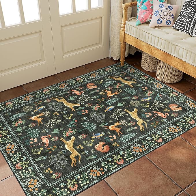 DUKINO 2x3 Rug, Washable Animal Rugs for Entryway, Non Slip Indoor Door Mat, Soft Low Pile Small Area Carpet for Entrance, Bedroom, Kitchen, Laundry, Bathroom, Black