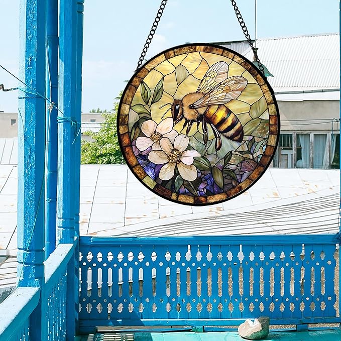 Stained Glass Window Hanging, Vintage Bee Yellow Flower Sun Catcher for Window Door Home Decor Suncatcher Christmas Mother's Day Birthday Gifts for Women Men Mom and Nana 9.8 in