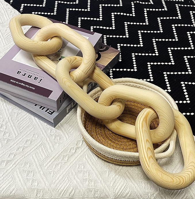 Wood Chain Link Decor - 18.9 Inches Length Aesthetic Room Decor, 5-Link Wood Chain Boho Decor for Living Room, Farmhouse Decor, Coffee Table (Wood)