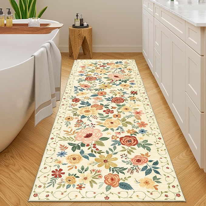 DUKINO Runner Rug, 2.6x8 Kitchen Rug for Hallway with Non Slip Backing, Washable Low Pile Soft Boho Floral Runner Carpet for Hallway, Kitchen, Entryway, Laundry, Bedroom, Beige Yellow