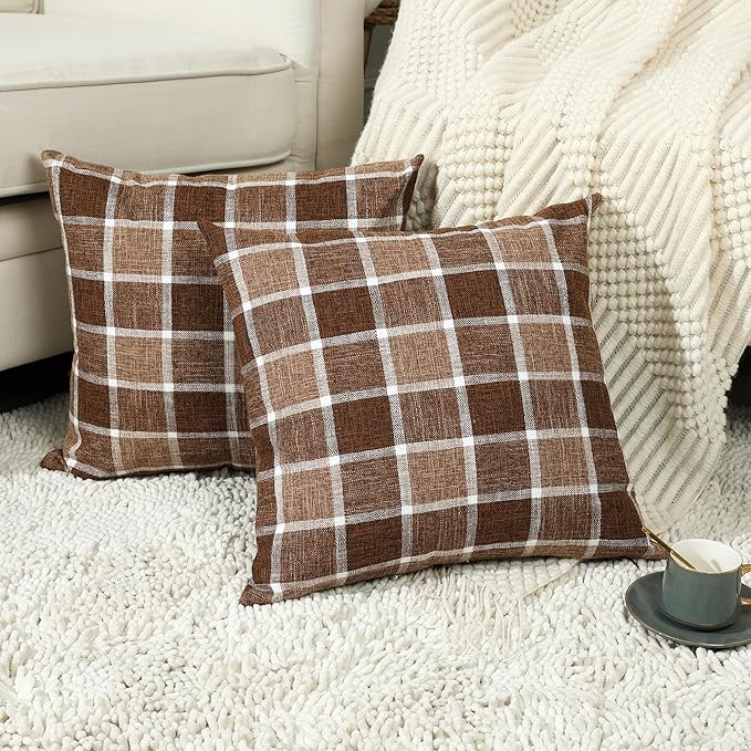 Stellhome Pack of 2 Linen Buffalo Check Throw Pillow Covers, Farmhouse Plaid Decorative Cushion Covers for Couch Sofa Living Room, 16x16 Inch, Check-Chocolate