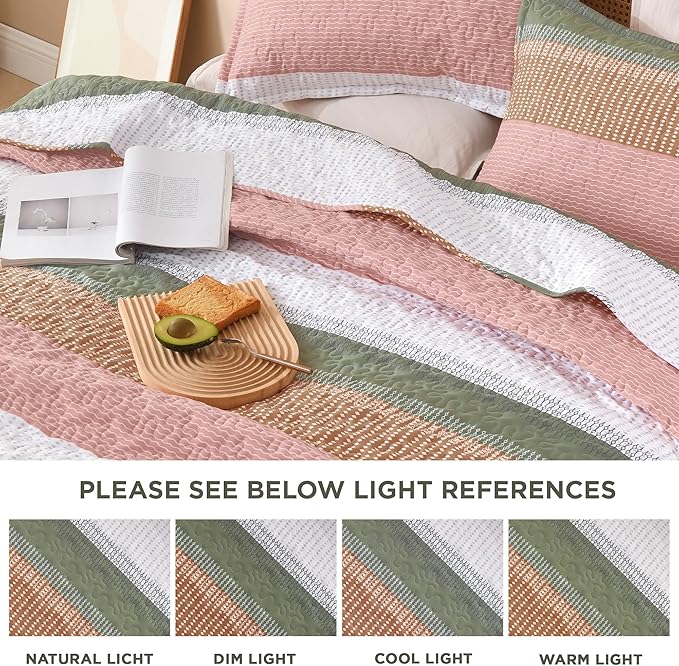 Litanika King Size Quilt Set Pink, Green and White, Orange Stripe Patchwork Summer Bedspread Coverlet 3 Pieces, Soft Lightweight Microfiber Quilt Bedding Set for All Season(1 Quilt, 2 Pillowcases)
