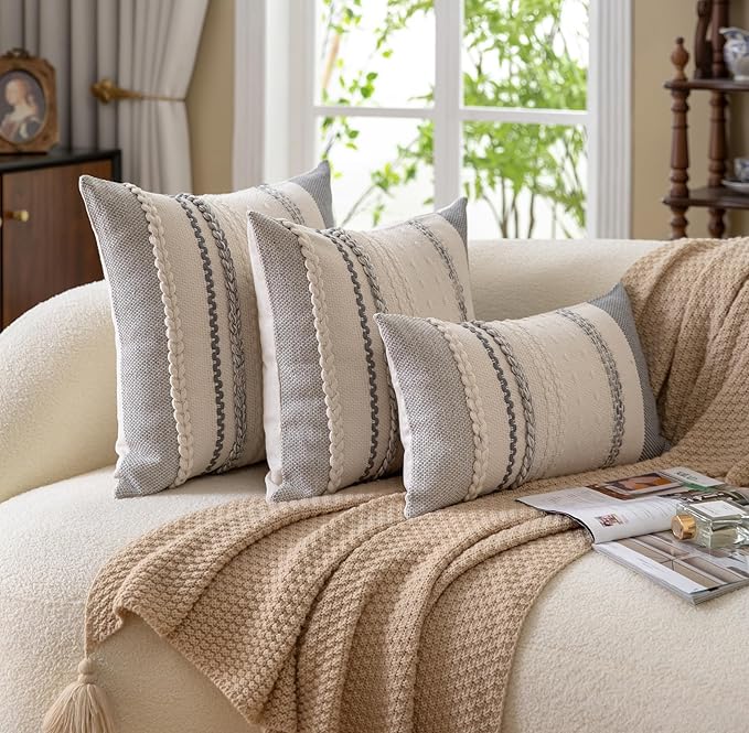 Boho Throw Pillow Covers 20x20 Inch Set of 2, Grey Textured Decorative Couch Pillow Cases for Farmhouse Home Decor, Accent Cushion Cover for Sofa, Bed, Living Room, Bedroom