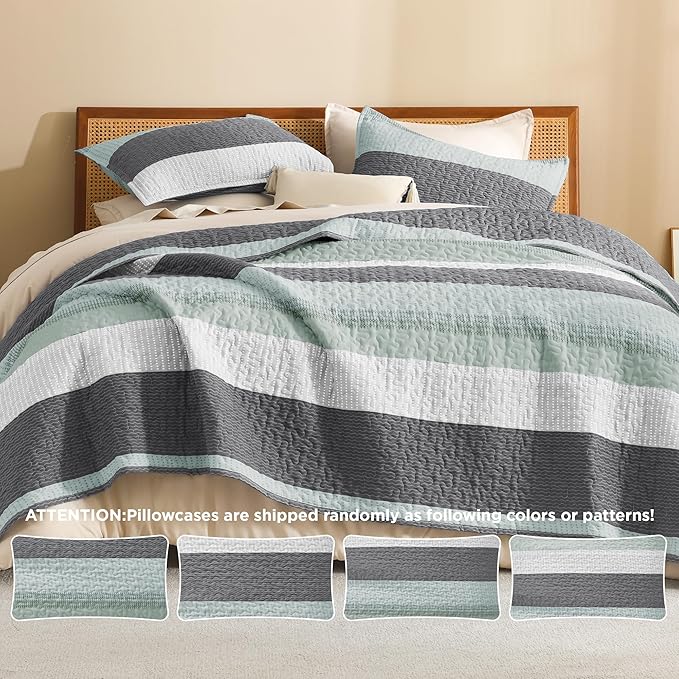 Litanika Quilt King Size Sage Green, Stripe Patchwork Summer Bedspread Coverlet 3 Pieces, Soft Lightweight Microfiber Quilted Bedding Set for All Season(1 Quilt, 2 Pillowcases)