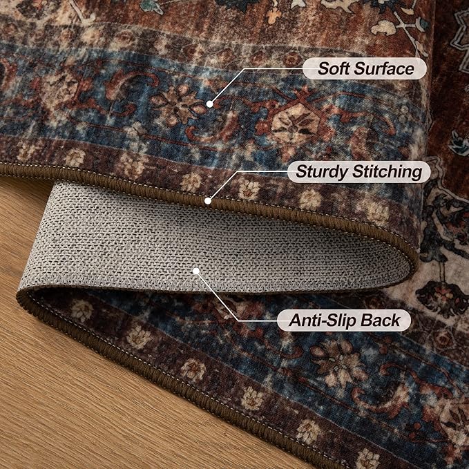 Tangsoo 2x5 Washable Runner Rug for Hallways, Non Slip Vintage Runner Rug, Soft Low Pile Long Rug Runner, Print Distressed Carpet Runners for Kitchen Bedroom Entryway Bathroom Living Room Rust