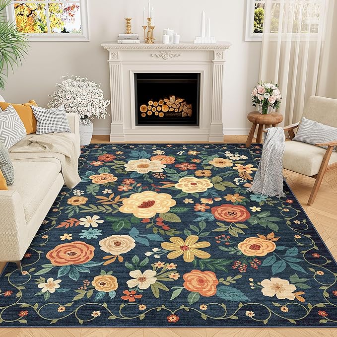 DUKINO 8x10 Area Rug, Floral Rugs for Living Room, Lightweight Non Slip Washable Rug, Indoor Low Pile & Non-Shedding Boho Design Rugs for Bedroom, Living Room, Dining Room, Dark Blue