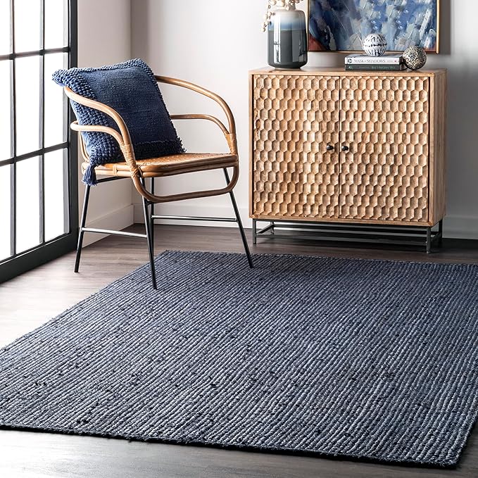 nuLOOM 9x12 Rigo Jute Hand Woven Area Rug, Navy, Solid Farmhouse Design, Natural Fiber, For Bedroom, Living Room, Dining Room, Hallway, Office, Kitchen, Entryway