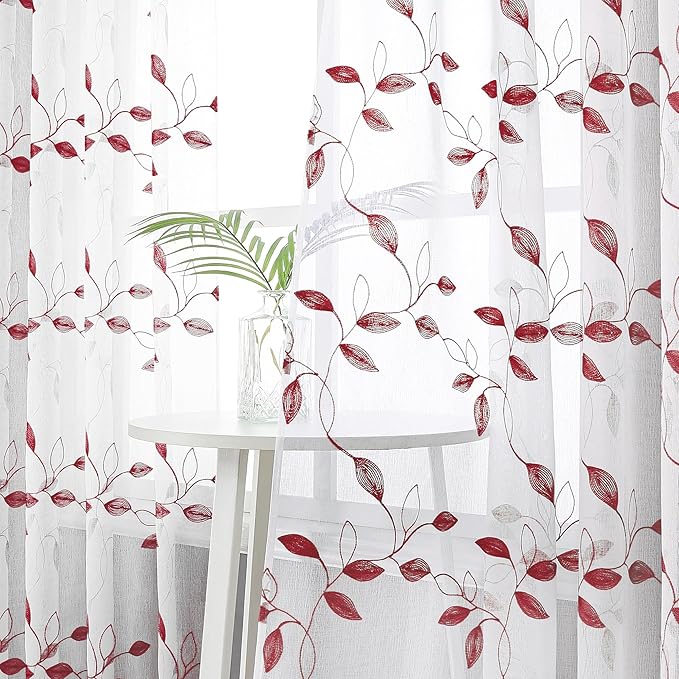 Tollpiz Burgundy Red Leaf Sheer Curtain Leaves Embroidered Bedroom Curtains Rod Pocket Voile Window Treatments for Living Room, 38 x 63 inches Long, Set of 2 Panels