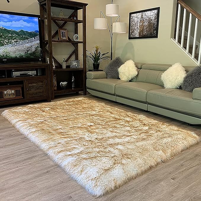 LAMBZY High Pile Super Soft Faux Sheepskin Rug (10'x13', White/Brown Tips)
