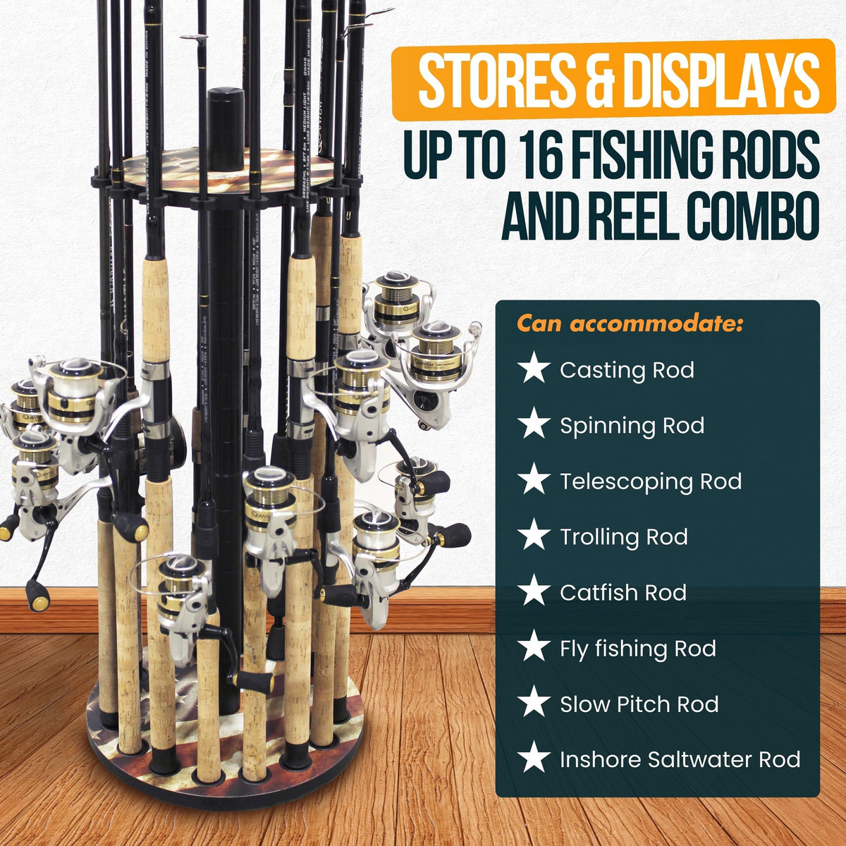 Rush Creek Creations | Round Fishing Rod Holder for 16 Freshwater Fishing Poles, Fishing Gear, and Fishing Accessories | Fishing Rod Rack with 16 Fishing Rod Clips for Garage Organization
