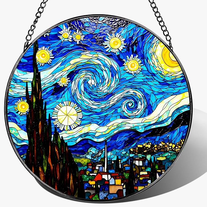8'' Van Gogh Starry Night Sun Catcher Ornament, Stained Glass Window Hanging, Sun Catchers for Windows Hanging Ornaments, Window Decor, Ideal Gift | Gifts for Art Lovers, Friends, Family