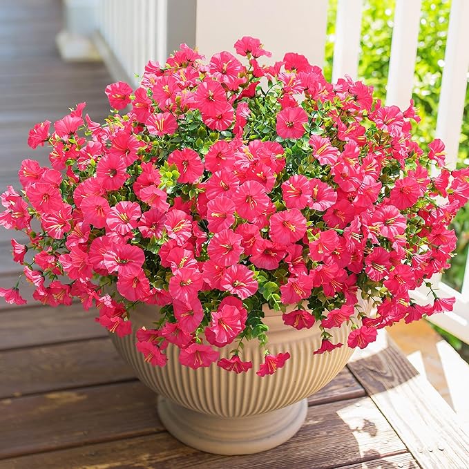 HyeFlora Artificial Flowers for Outdoors Fake Plants Outside Decoration, 12 Bundles Silk Hot Pink Morning Glory UV Resistant Look Real Faux Flowers for Planter Front Door Porch Patio Yard Gardens Home