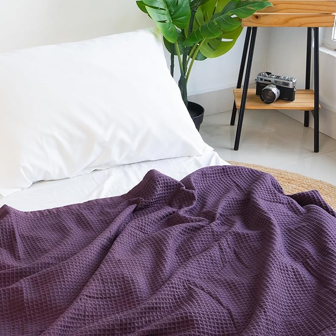 Salt Earth GOTS Certified 100% Organic Cotton Throw Blanket, 60" X 80" Blankets & Throws for Bed, Throw Blanket for Couch,Modern & Cozy Blanket, All Season Waffle Blanket, Soft Blanket (Plum Perfect)