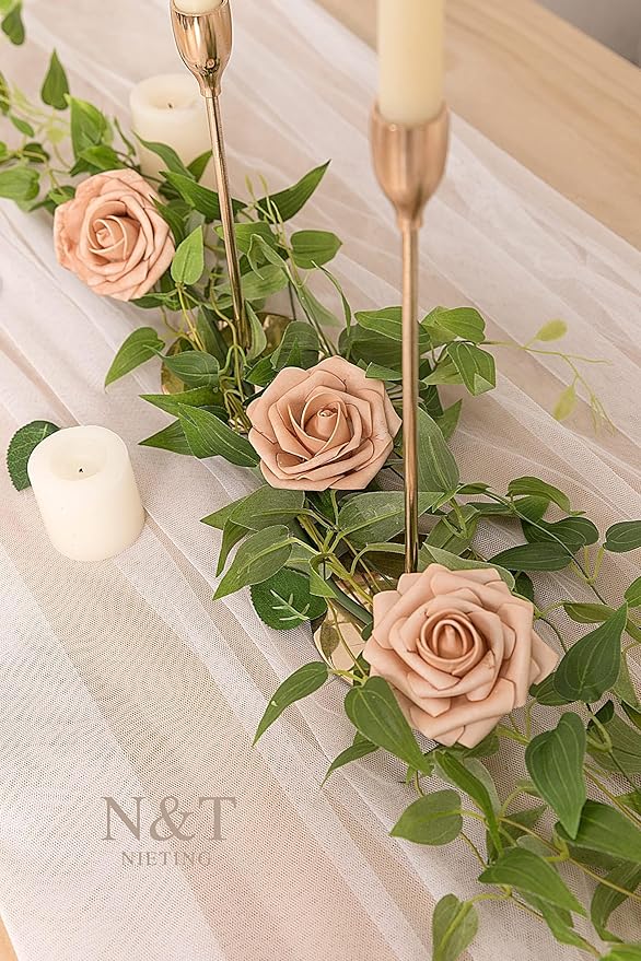 N&T NIETING Artificial Flowers, 50pcs Foam Roses Fake Brown Flowers for DIY Wedding Bouquet Party Baby Shower Decoration Home Display,Dusty Brown