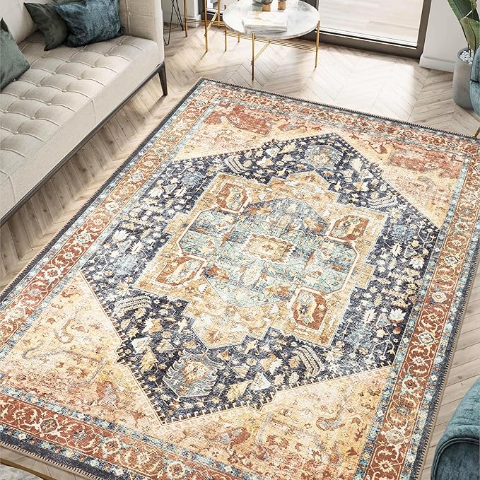 Keen Home Design 8x10 Rug - Machine Washable Area Rug with Non-Slip Backing, Ideal for Living Room, Dining Room, Bedroom - Vintage, Easy Clean, Durable, Low Pile Rug - (8' x 10')