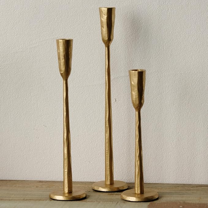 Gold Iron Taper Candle Holder Set of 3, Heavy Wrought Iron Candlestick Holders Decorative Candle Stand, Vintage Candle Holder for Wedding, Dining, Home Decoration