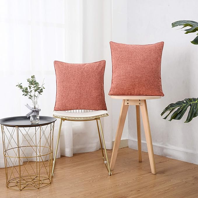 HPUK Linen Throw Pillow Covers Pack of 2, 18x18 Inch Accent Cushion Covers for Living Room, Bedroom, Decorative Solid Color Pillow Covers for Couch, Sofa, Chair, Coral