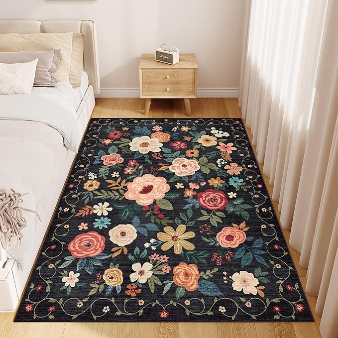 DUKINO 3x5 Area Rug, Floral Rugs for Living Room, Lightweight Non Slip Washable Rug, Indoor Low Pile & Non-Shedding Boho Design Rugs for Bedroom, Living Room, Dining Room, Black