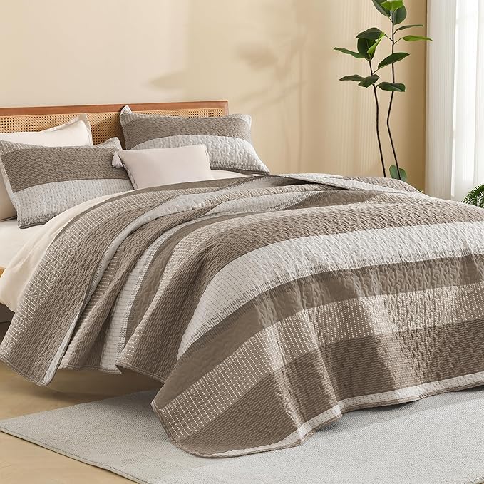 Litanika California King Quilt Set Hazel - Cal King Oversized Stripe Comforter Bedspreads & Coverlets - Soft Lightweight Quilted Bedding Set for All Season(1 Quilt, 2 Pillowcases)