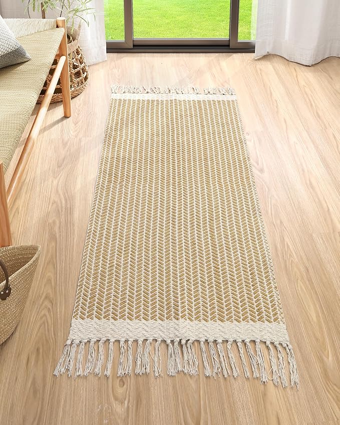 Lahome Boho Kitchen Runner, 2x4.3 Bathroom Runner Rug Lightweight Entryway Rugs Woven Cotton Throw Mat with Tassels, Farmhouse Non Shedding Washable Rug Low Pile Runners for Bedroom Doorway, Khaki