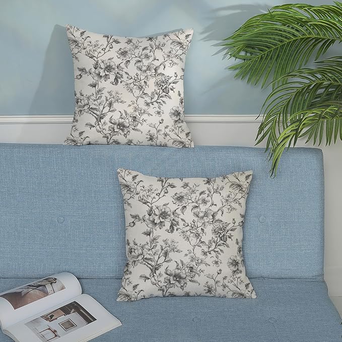 Black and Cream Pillow Covers 20x20 Set of 2 Vintage Floral Chinoiserie Throw Pillows Rustic Toile Flower Decorative Pillow Cases Outdoor Chinoiserie Decor Linen Cushion Case for Couch Sofa