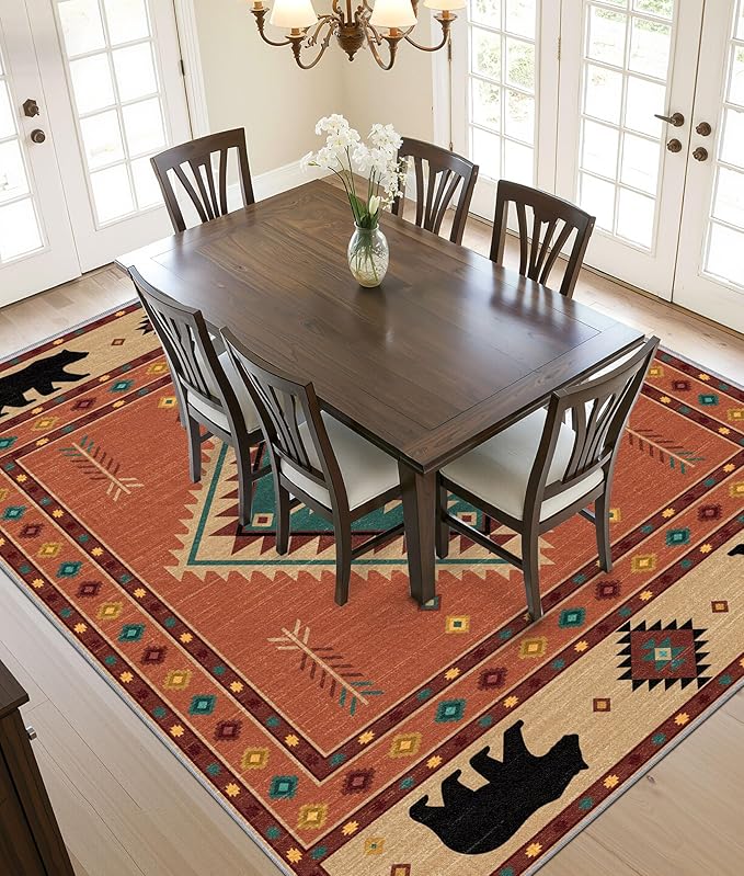 Cabin Rug 2x3 - Bear Southwestern Aztec Area Rugs for Entryway, Rustic Geometric Machine Washable | Non-Slip | Low Pile Small Carpets, Native American Home Decor (Orange Tan Black)