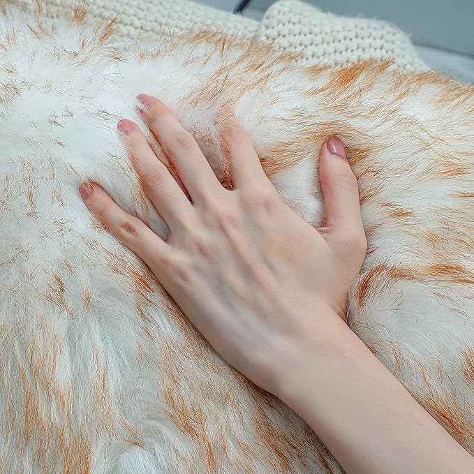 Faux Fur Rug Sheepskin Shag Fluffy Fuzzy 3x3 ft Rugs for Bedroom Bedside Bed Floor Living Room Plush Round High-Density Cushion Carpet Super Sofa Cover White and Yellow