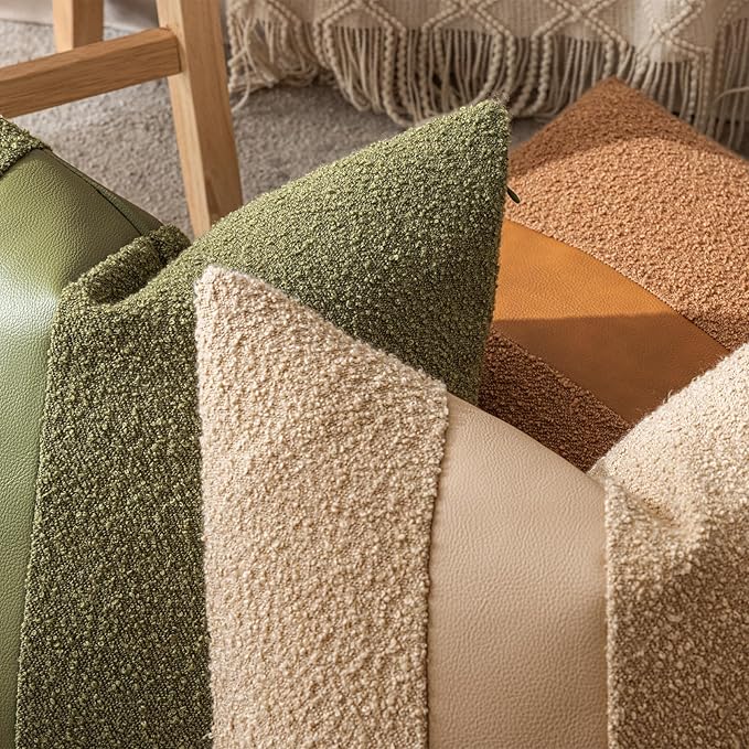 22"x22" Forest Green Boucle Pillow Covers with Faux Leather Accents Set of 2 Fluffy Textured Decorative Throw Pillow Cases for Couch Bed Boho Farmhouse Square Cushion Covers for Home Décor