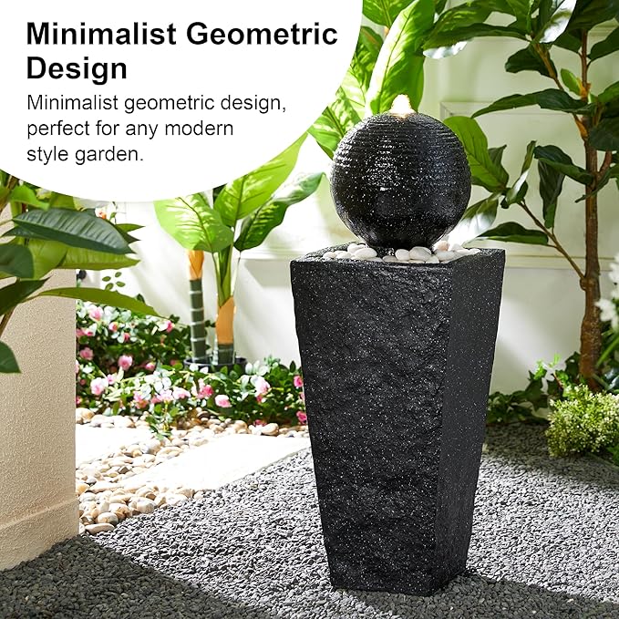 Glitzhome Outdoor Water Fountain with LED Light, Decorative Black Pedestal Water Fountains with Submersible Pump, Modern Sphere Floor Fountain with Pebbles for Garden Patio Decor Porch, 31.75”H