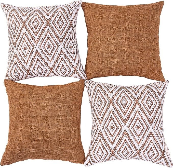 HPUK Decorative Throw Pillow Covers Set of 4 Geometric Design Linen Cushion Cover for Couch Sofa Living Room, 20"x20" inches, Golden Brown