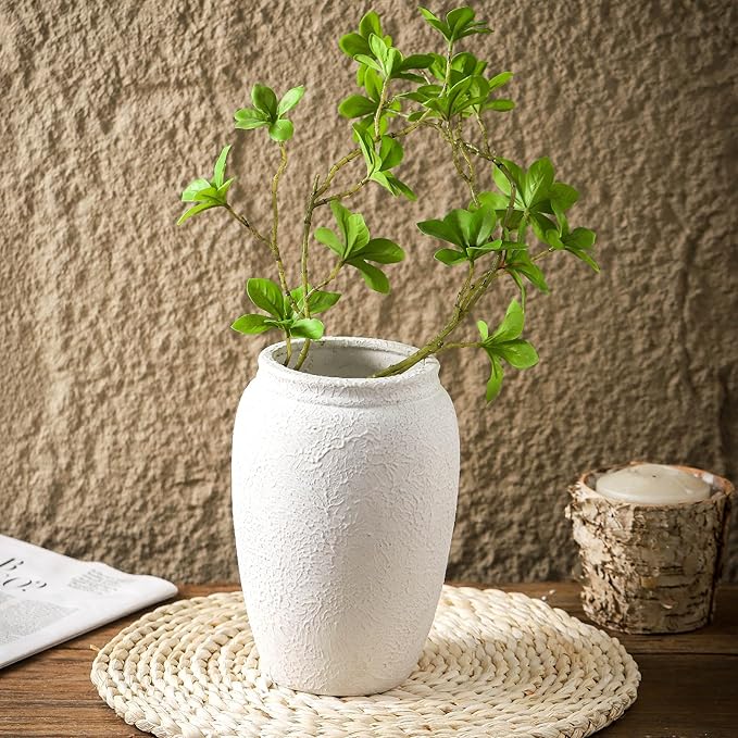 Ceramic Farmhouse Flower Vase, 8.2 Inch Terracotta Rustic Vase, Christmas Decorative Pottery Flower Vases for Living Room, Entryway, Table, Shelf Decor