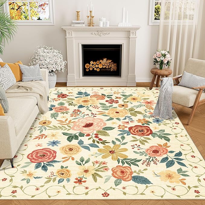 DUKINO 8x10 Area Rug, Floral Rugs for Living Room, Lightweight Non Slip Washable Rug, Indoor Low Pile & Non-Shedding Boho Design Rugs for Bedroom, Living Room, Dining Room, Beige Yellow