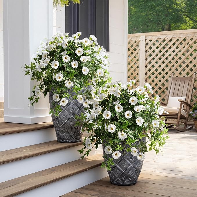 Artificial Flowers Artificial Petunias for Outdoors Artificial Hanging Plants Outdoors Silk Flowers with Stems Outdoor Flowers Uv Resistant for Porch Decor Terrace Decor（White） with Pot 2PCS