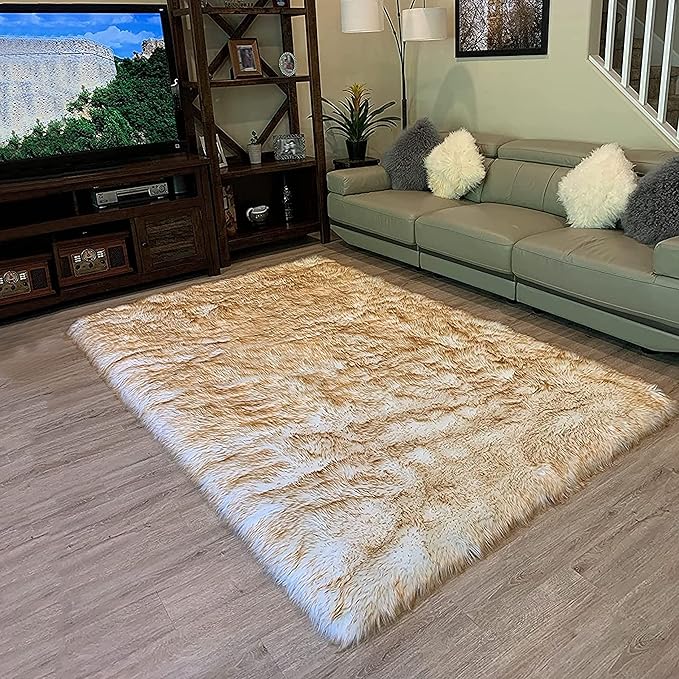LAMBZY High Pile Super Soft Faux Sheepskin Rug (6'x9', White/Brown Tips)