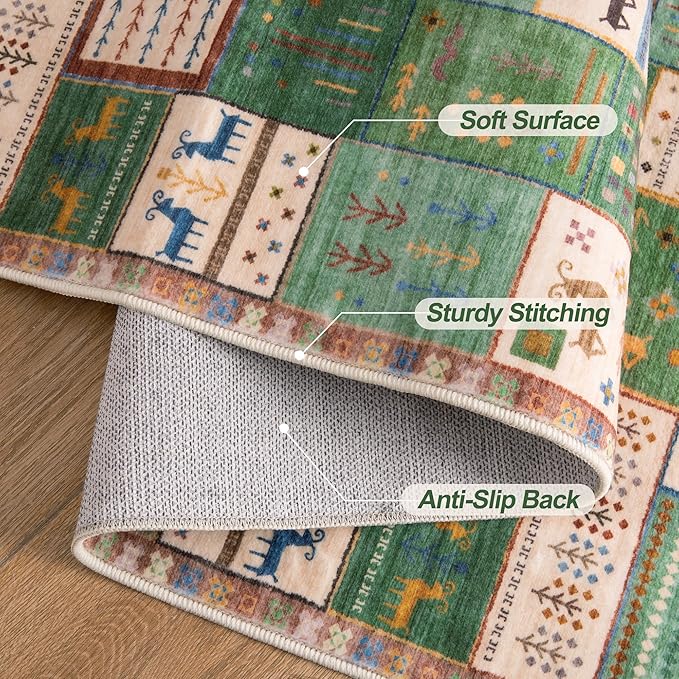 Tangsoo 3x5 Washable Rug, Vintage Throw Rugs Non Slip, Soft Low Pile Floor Rug Tribal Indoor Area Rugs Carpet for Living Room Bedroom Office Laundry Bedside Entrance Entryway Farmhouse(Green Beige)