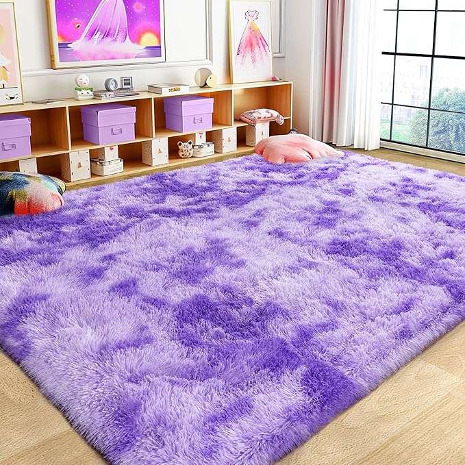Ultra Fluffy Area Rugs for Living Room Bedroom, 6x9 Fuzzy Large Living Room Rugs, Thick Shag Rug for Dorm, Soft Non Slip Kids Girls Boys Rug for Home Decor Aesthetic, Tie-Dyed Purple