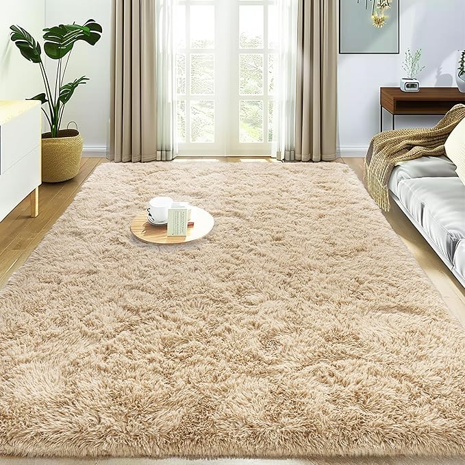 Ultra Fluffy Rug for Living Room Bedroom, 5x7 Fuzzy Large Area Rug for Living Room, Plush Soft Shag Carpet for Girl Boy Kids, Non Slip Rug Modern Indoor Home Decor Aesthetic, Camel