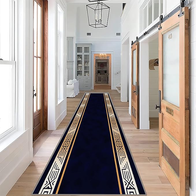 Abstract Navy Blue Runner for Entryway, 2x8ft, Retro Luxury Gold Geometric Border Living Room Rug, Print Fade Resistant Absorbent Dirty Resistant Long Indoor Rugs for Bedside Sofa
