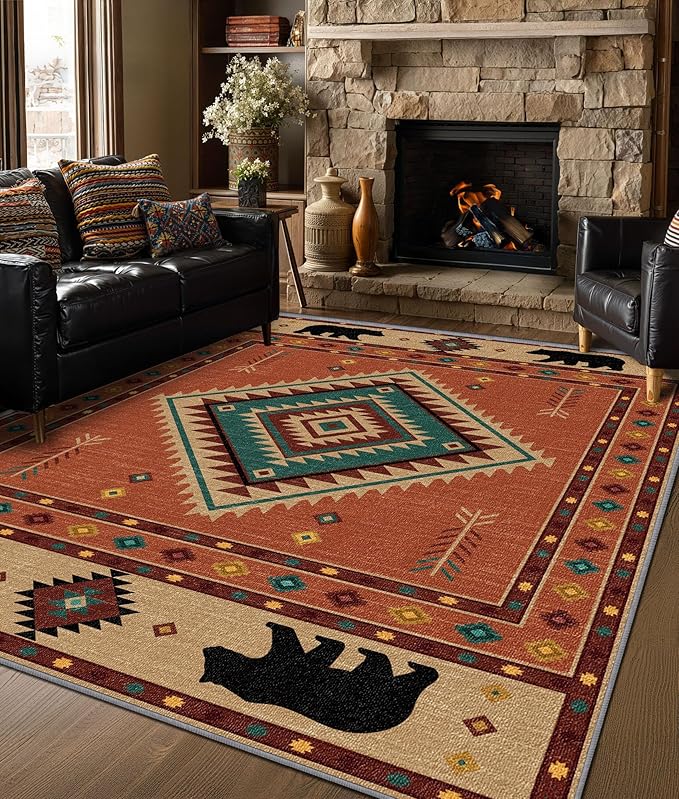Cabin Rug 3x5 - Bear Southwestern Aztec Area Rugs for Bedroom Living Room, Rustic Tribal Machine Washable | Non-Slip | Low Pile Carpets, Native American Home Decor (Orange Tan Black)