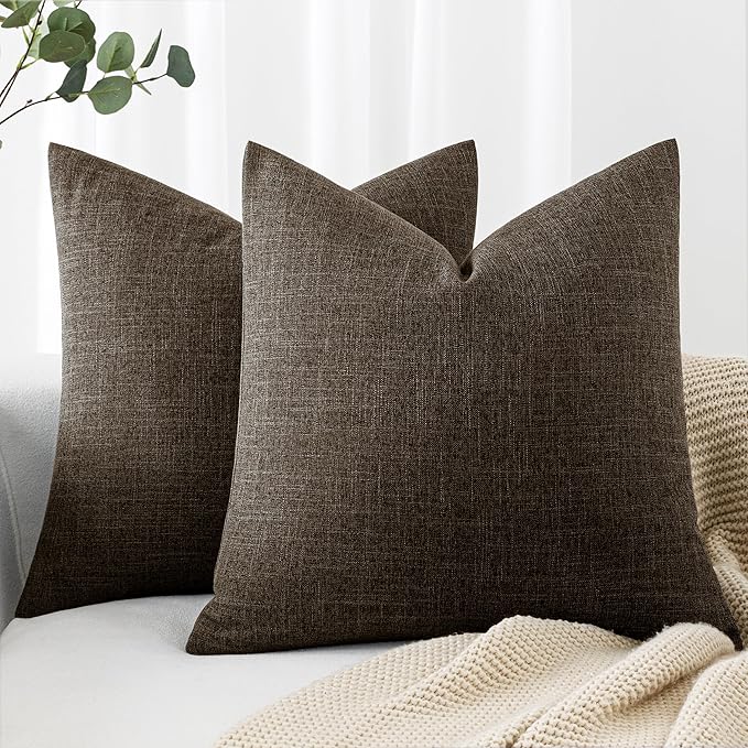 MIULEE Pack of 2 Decorative Linen Burlap Pillow Covers Farmhouse Boho Accent Pillowcases Home Decor for Couch Sofa Bedroom Living Room 18x18 Inch Dark Brown