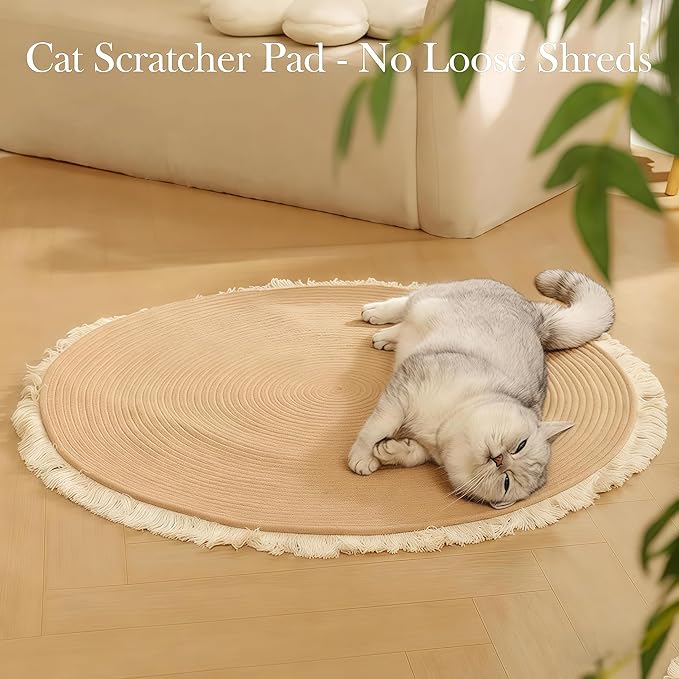 Cotton Rope Area Rug for Cats, Cat Scratching Rug, Washable Round Vintage Reversible Woven Tassel Rug, Soft and Stylish Home Accent, Easy Clean, Multiple Sizes (Coffee, 32" (80cm))