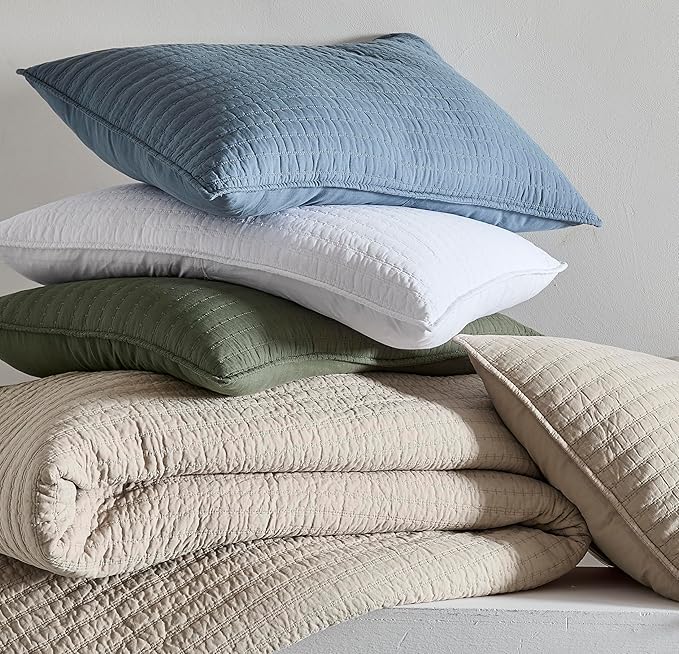 WDCOZY 100% Cotton King Size Quilt Set - Navy Blue Striped Pick Stitch Soft Lightweight Bedspread, Textured Like Linen, Farmhouse Country Rustic Coverlet, Shabby Chic Gauze Bedding, 3 Pieces