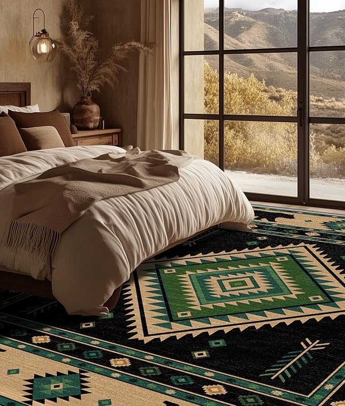 Southwestern Rug 6x9 - Native American Bear Cabin Area Rugs for Living Room Bedroom, Rustic Geometric Machine Washable | Non-Slip | Soft Large Carpets, Aztec Room Decor (Green Tan Black)