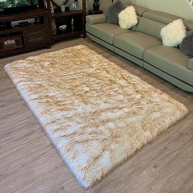 LAMBZY High Pile Super Soft Faux Sheepskin Rug (10'x13', White/Brown Tips)